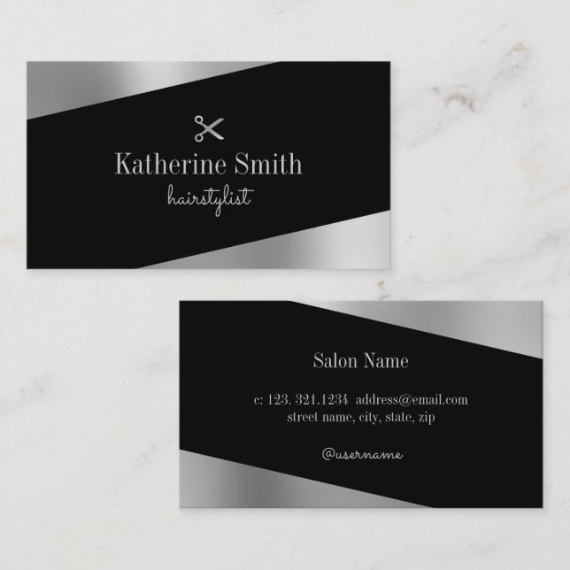 Modern minimal silver & black scissors hairstylist business card (Front/Back)