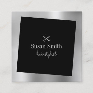 Modern minimal silver & black scissors hairstylist square business card