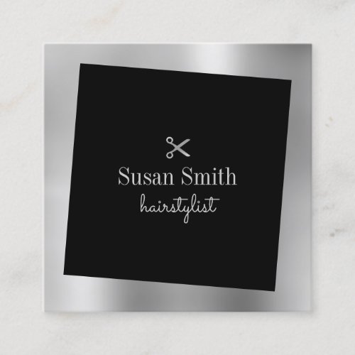 Modern minimal silver  black scissors hairstylist square business card