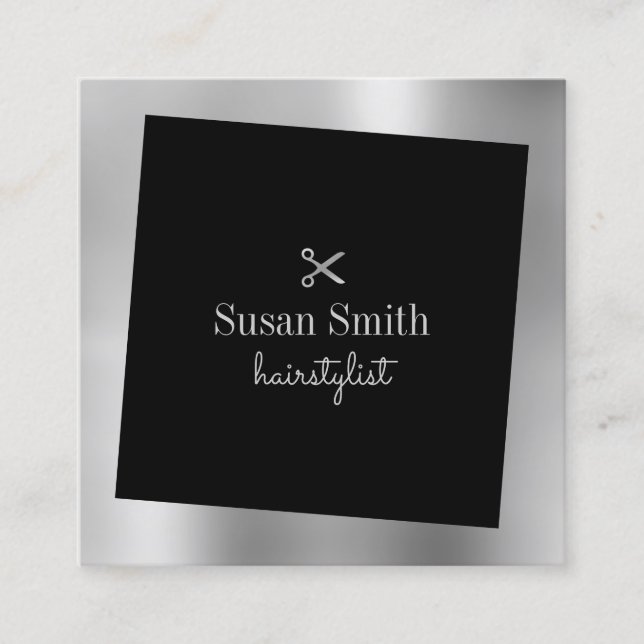 Modern minimal silver & black scissors hairstylist square business card (Front)