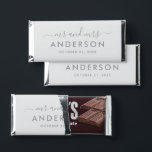 Modern Minimal Silver Gray Personalized Mr and Mrs Hershey Bar Favors<br><div class="desc">Custom wedding Hershey's Miniatures candy favors displays a a modern and minimal "Mr and Mrs" script monogram design that can be personalized with your married last name in all caps sans serif text. Chic design features simple wedding date text and a thank you message appears on the back. The classic...</div>
