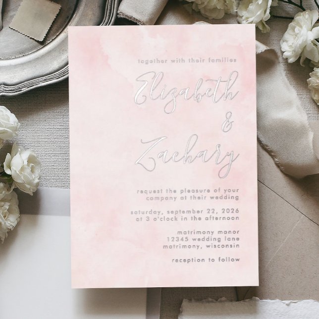 Modern Minimal Silver Script Blush Pink Wedding Foil Invitation (Creator Uploaded)