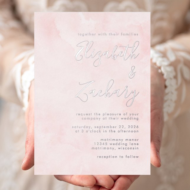 Modern Minimal Silver Script Blush Pink Wedding Foil Invitation (Creator Uploaded)