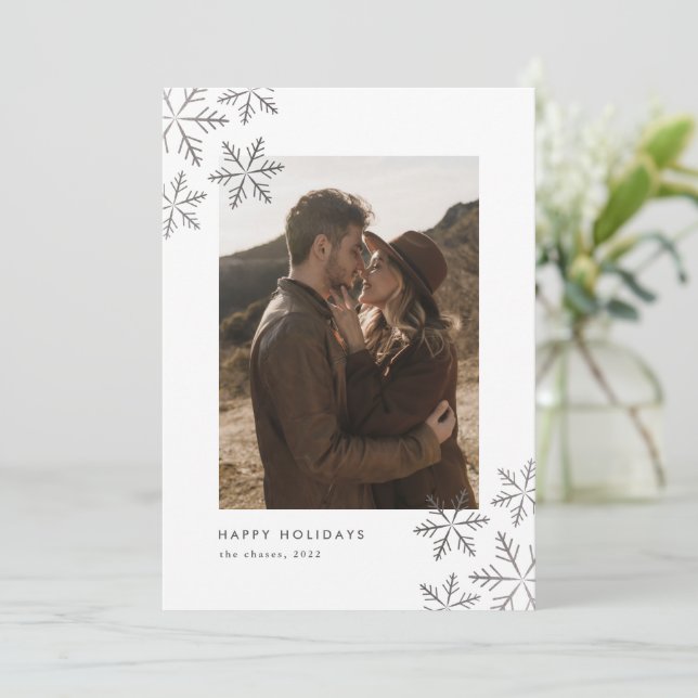 Modern Minimal Silver Snowflakes  Holiday Card (Standing Front)