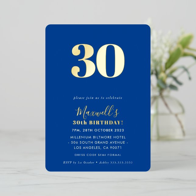 MODERN MINIMAL simple 30th birthday party blue Foil Invitation (Standing Front)