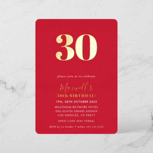 MODERN MINIMAL simple 30th birthday party red Foil Invitation