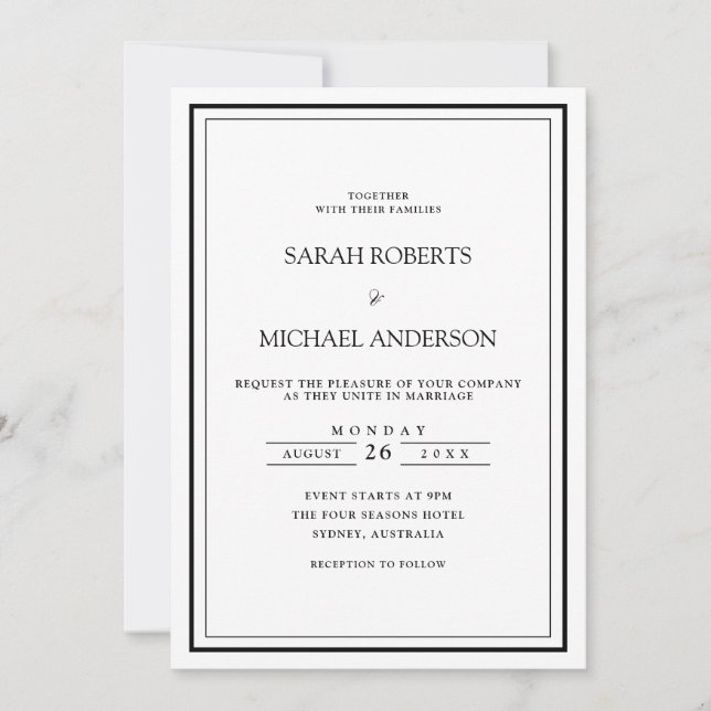 Modern Minimal Simple Black Script Frame Wedding Invitation (Front)