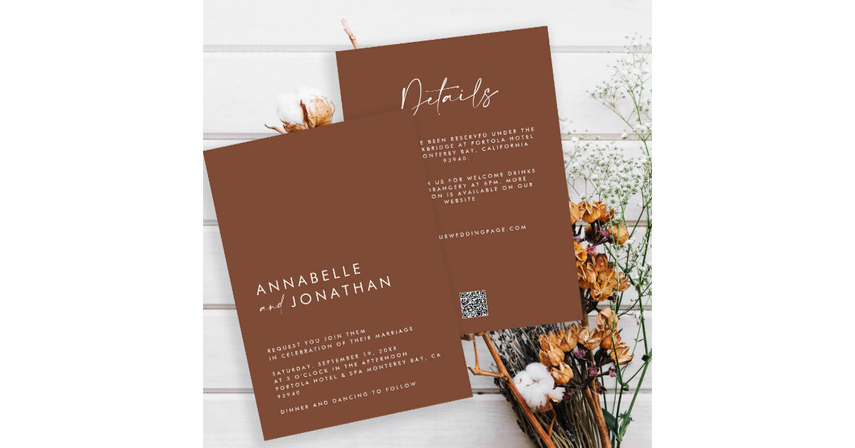 Neutral Earthy Taupe Floral Wood QR Code Wedding Invitation, Zazzle