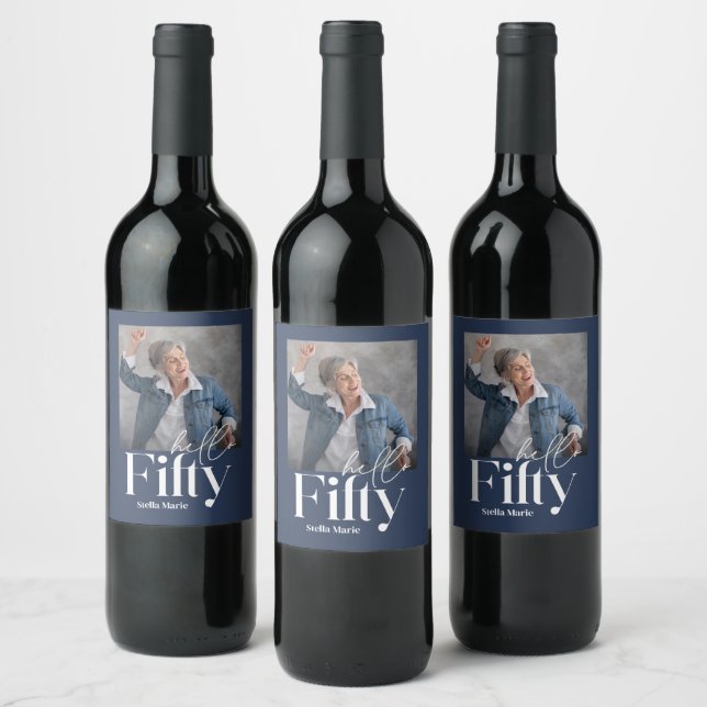 Modern minimal simple navy blue 50th birthday wine label (Bottles)