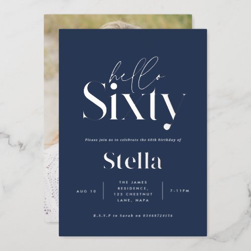 Modern minimal simple navy blue 60th birthday foil invitation