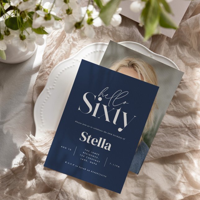 Modern minimal simple navy blue 60th birthday invitation (Creator Uploaded)