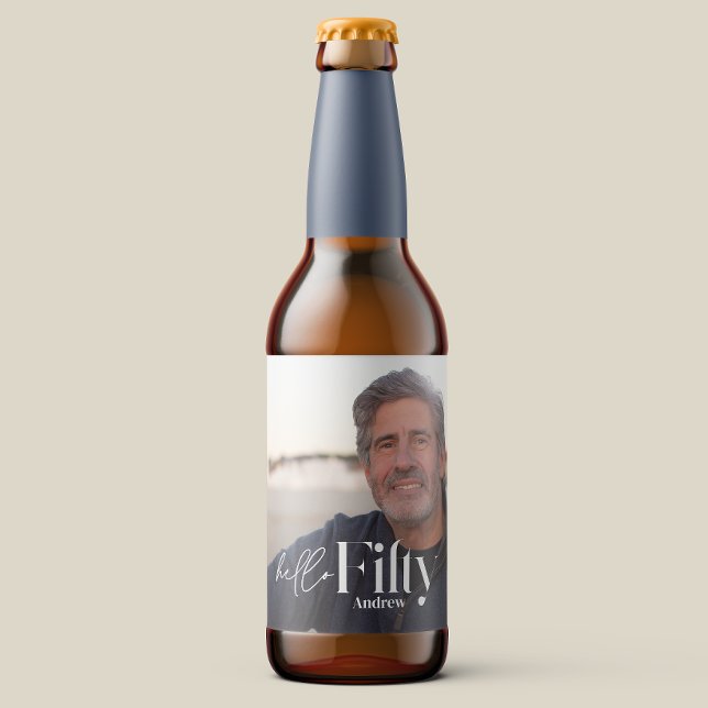 Modern minimal simple photo 50th birthday beer bottle label (Creator Uploaded)