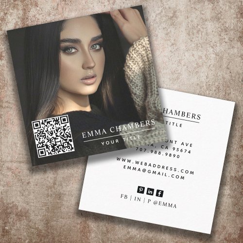 Modern Minimal Simple Photo QR Code Social Media  Square Business Card