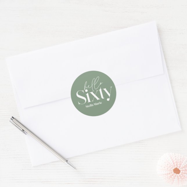 Modern minimal simple sage green 60th birthday classic round sticker (Envelope)