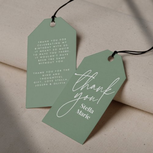 Modern minimal simple script sage green thank you gift tags