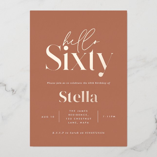 Modern minimal simple terracotta 60th birthday foil invitation (Front)