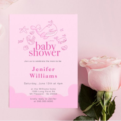 Modern Minimal Simple Whale Pink Baby Shower  Invitation