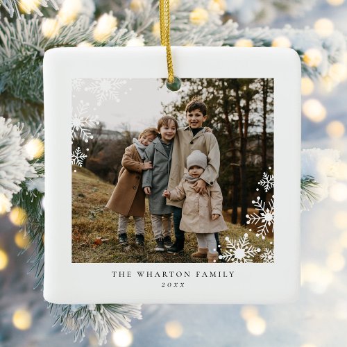 Modern Minimal Snowflake Family Two Photo Ceramic Ornament