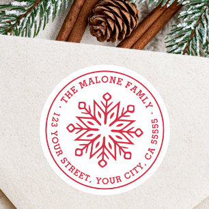 Modern minimal snowflake red return address classic round sticker