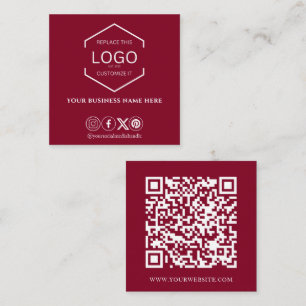 Modern Minimal Social Media QR Code Burgundy Square Business Card