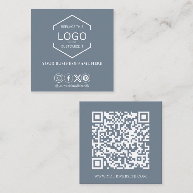 Modern Minimal Social Media QR Code Dusty Blue Square Business Card (Front/Back)