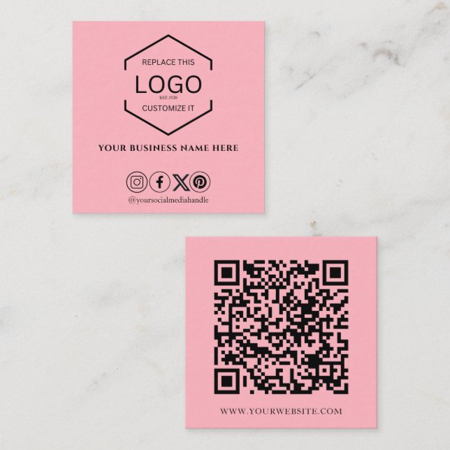 Modern Minimal Social Media QR Code Light Pink Square Business Card (Front/Back)