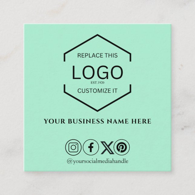 Modern Minimal Social Media QR Code Mint Green Square Business Card (Front)