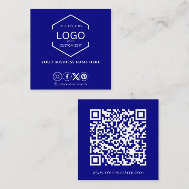 Modern Minimal Social Media QR Code Navy Blue Square Business Card (Front/Back)
