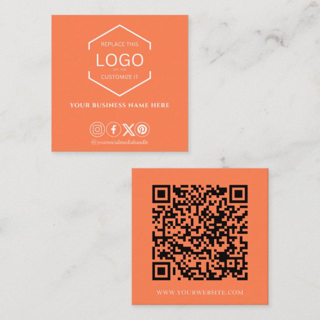 Modern Minimal Social Media QR Code Orange Square Business Card (Front/Back)