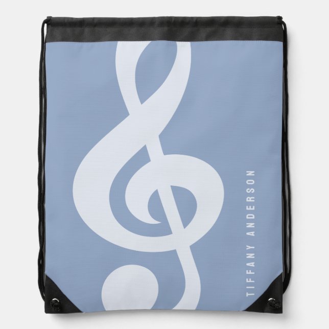 Modern Minimal Soft Pastel Blue Music Symbol Name Drawstring Bag (Front)