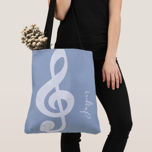 Modern Minimal Soft Pastel Blue Music Symbol Name Tote Bag