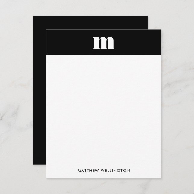 Modern Minimal Solid Black Monogram Vertical Note Card (Front/Back)