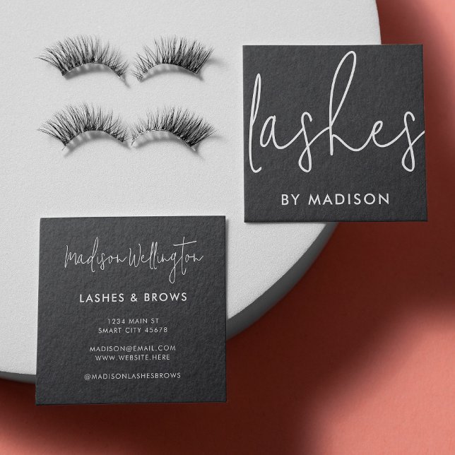 Modern Minimal Solid Black Script Beauty Lashes Square Business Card (Creator Uploaded)
