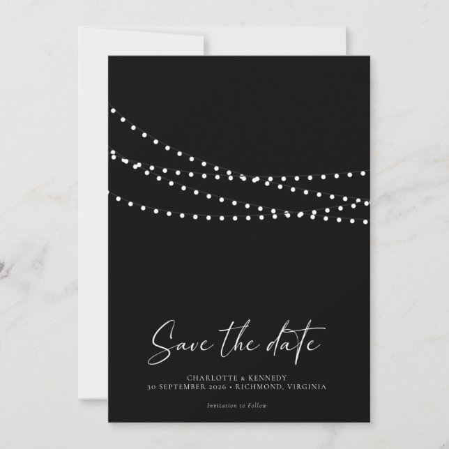 Modern Minimal String Lights Photo Save the Date  (Front)