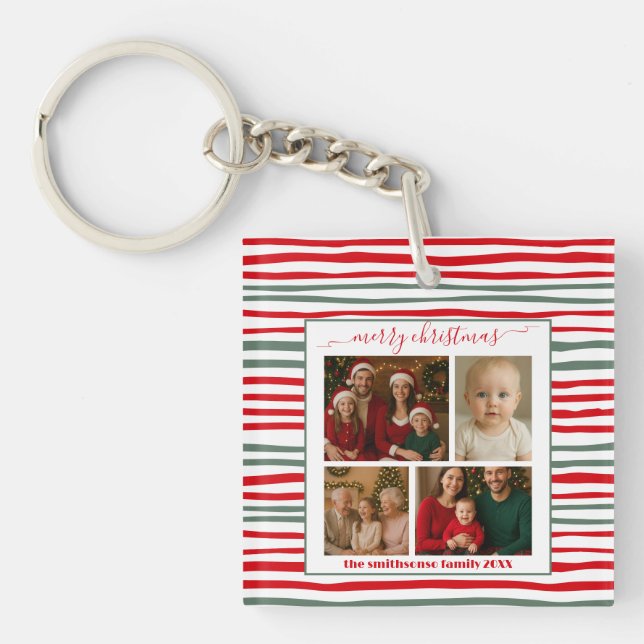 Modern Minimal Stripe family Photo Christmas gift Keychain (Front)