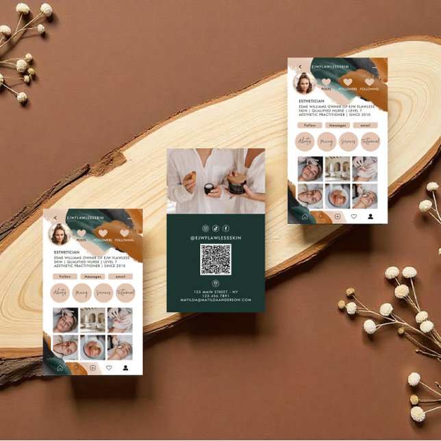 Modern minimal stylish multi photo QR CODE green Business Card (Creator Uploaded)