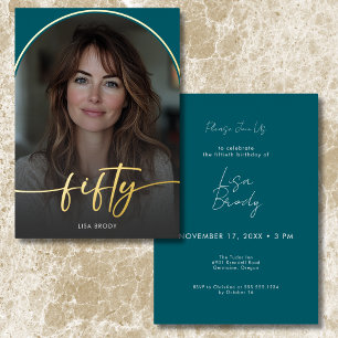 Modern Minimal Teal Arch Fiftieth Birthday Foil Invitation