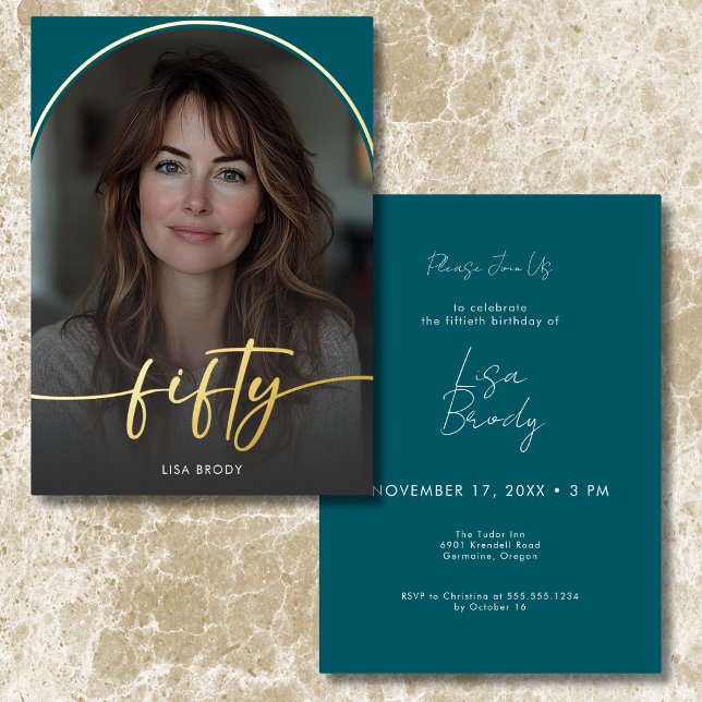 Modern Minimal Teal Arch Fiftieth Birthday Foil Invitation (Modern Minimal Teal Arch Fiftieth Birthday Foil Invitation)
