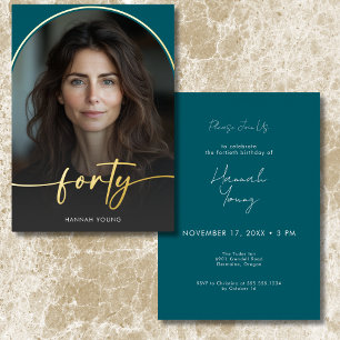 Modern Minimal Teal Arch Fortieth Birthday Foil Invitation