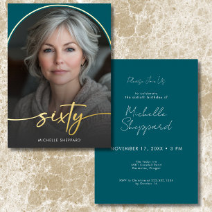 Modern Minimal Teal Arch Sixtieth Birthday Foil Invitation