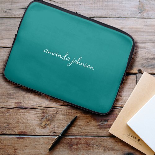 Modern Minimal Teal Blue Monogram Full Name Laptop Sleeve