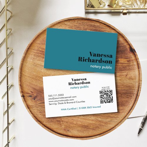 Modern Minimal Teal Chic Notary Public QR Code Business Card