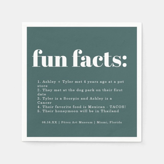 Modern Minimal Teal Color Swatch Fun Facts Wedding Napkins (Front)