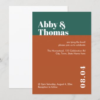 Modern Minimal Teal Copper Colorblock Wedding Invitation | Zazzle