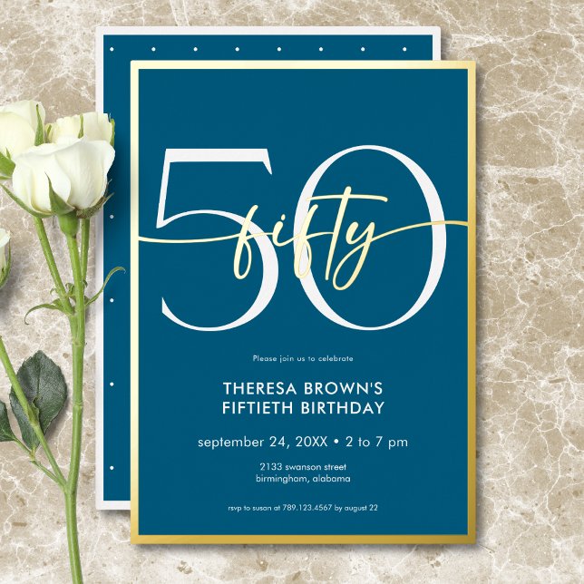 Modern Minimal Teal Fifty Script Birthday Foil Invitation (Modern Minimal Teal Fifty Script Birthday Foil Invitation)