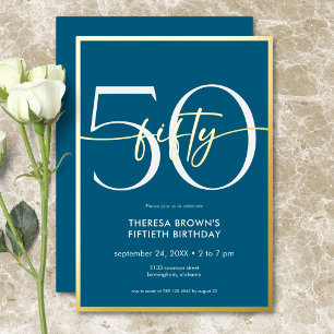 Modern Minimal Teal Fifty Script Birthday Foil Invitation
