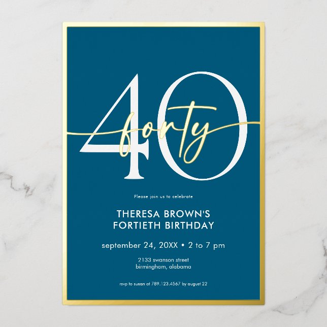 Modern Minimal Teal Forty Script Birthday Foil Invitation (Front)