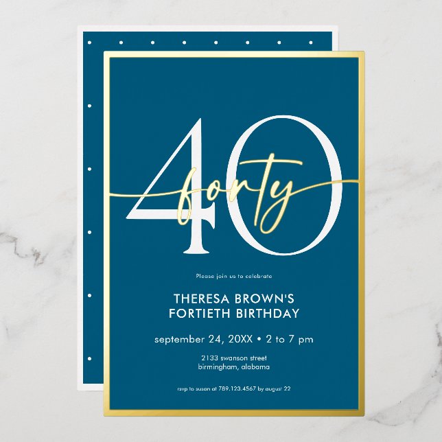Modern Minimal Teal Gold Script Birthday Foil Invitation (Front/Back)