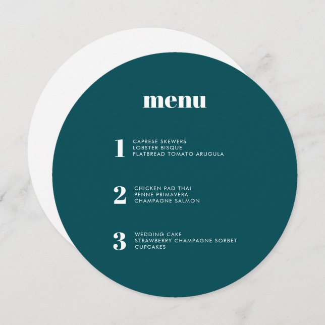 Modern Minimal Teal Green Round Circle Wedding Menu (Front/Back)