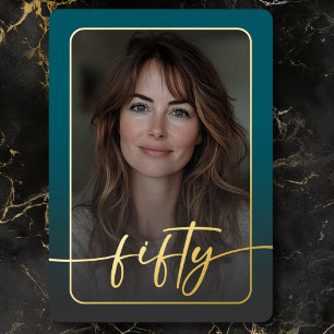 Modern Minimal Teal Photo Fiftieth Birthday Foil Invitation